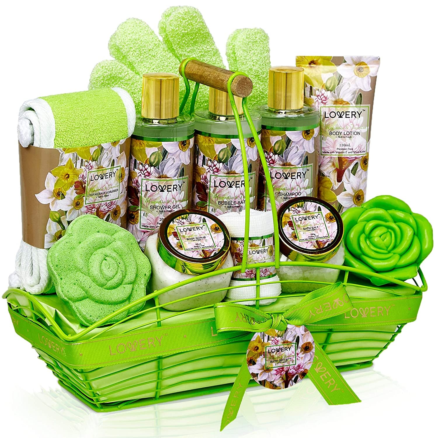 Home Spa Gift Baskets for Women, Bath and Body Gift Basket, Magnolia & Jasmine Home Spa Set, Fragrant Lotions, Bath Bomb, Towel, Shower Gloves, Green Wired Bread Basket & More, 13Pcs