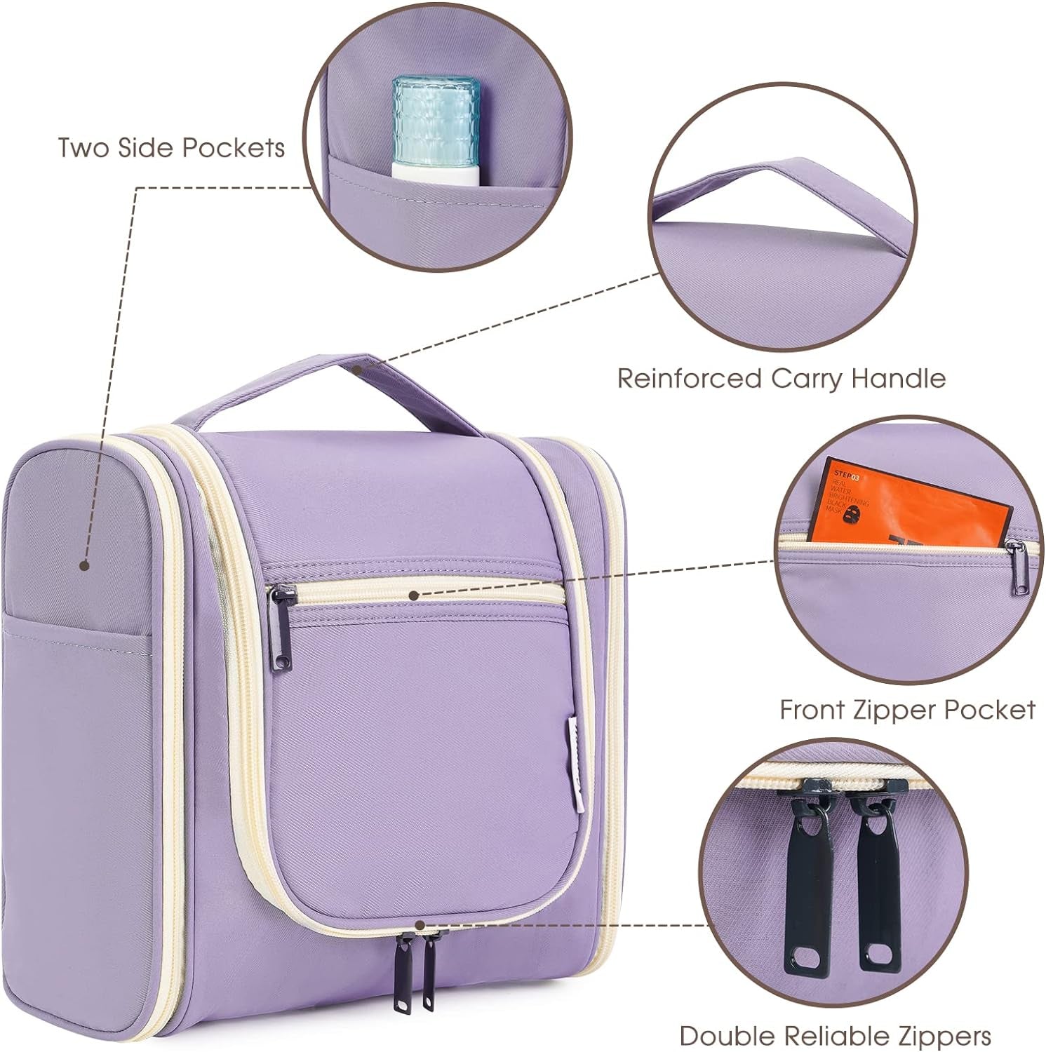 Hanging Toiletry Bag for Women Travel Makeup Bag Organizer Toiletries Bag for Cosmetics Essentials Accessories (Large, Light Purple)