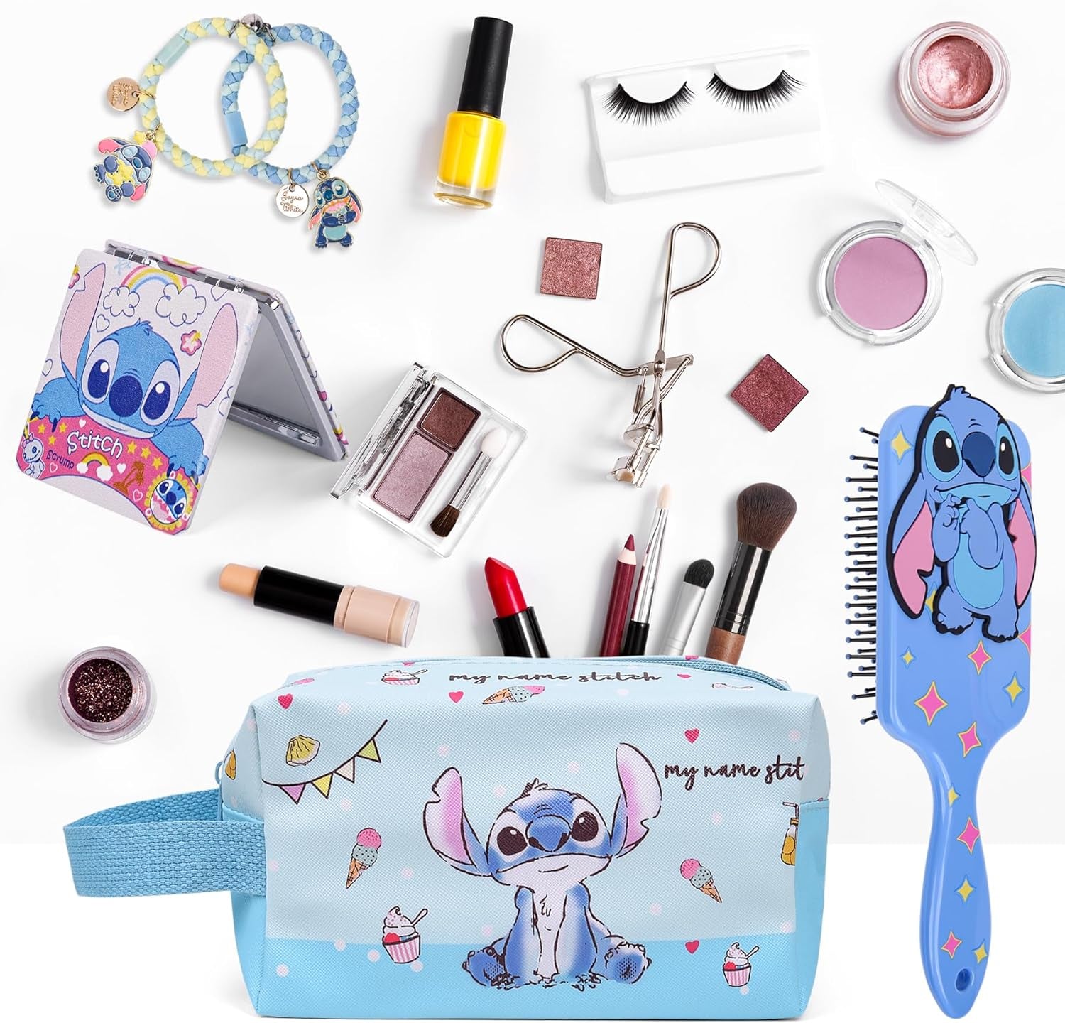 Stitch Stuff Travel Cosmetic Bag + Double Sided Cosmetic Mirror + Hair Brush,Large Capacity PU Travel Toilet Bag Makeup Accessories Organizer, Best Gift for Girls and Women