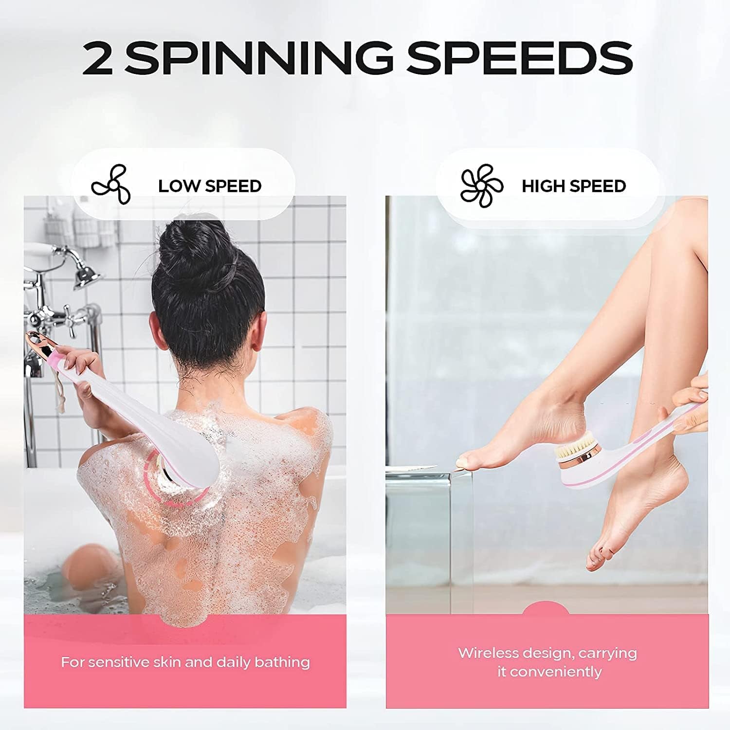 Body Brush Rechargeable, Electric Body Brush Set, Scrubber Shower Brush with Long Handle, Spin Skin Brush with 6 Brush Heads for Cleanse, Massage, Exfoliate and Pamper Your Skin in the Shower (Pink)