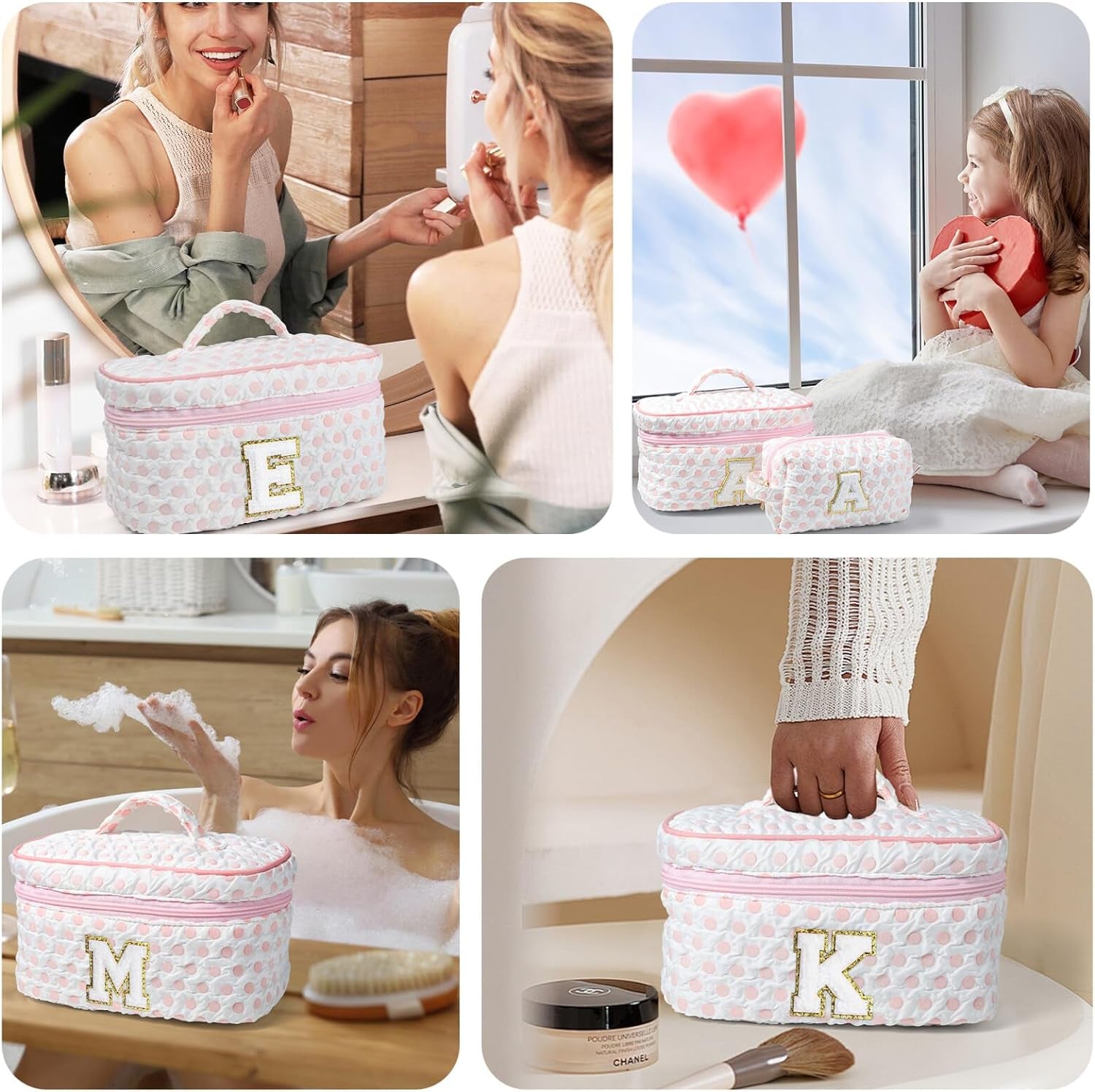 Initial Makeup Bag, Makeup Bag Travel Cosmetic Bag Cute Makeup Bag Personalized Engagement Bridesmaid Niece Gifts Best Friend Birthday Gifts for Women Hostess Gifts for Her Friend Female M