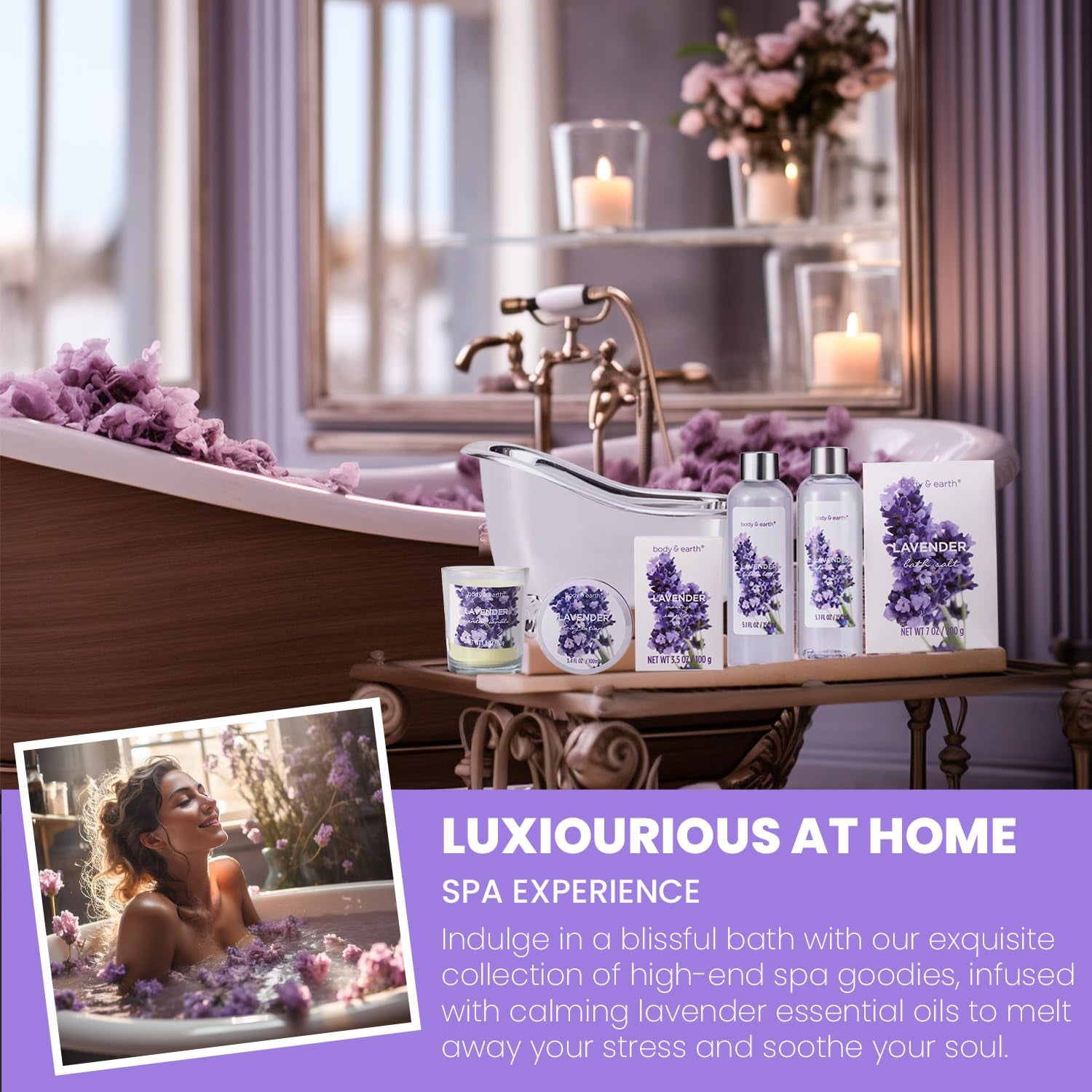 Gift Set for Women - Bath Sets for Women Gift,  Lavender Gift Sets with Bubble Bath, Body Lotion, Scented Candle, Valentines Day Spa Gifts for Women, Easter Gifts for Women