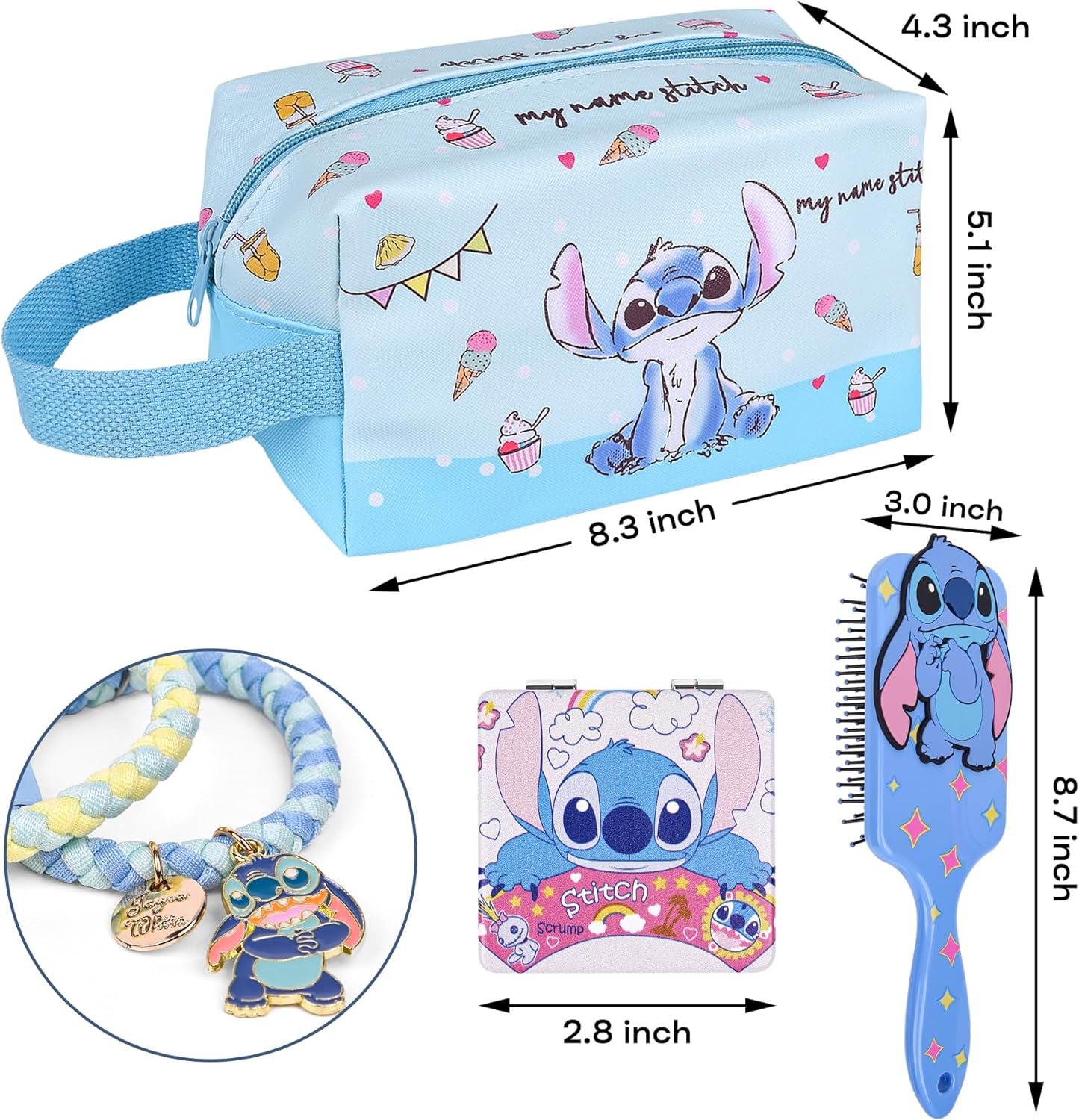 Stitch Stuff Travel Cosmetic Bag + Double Sided Cosmetic Mirror + Hair Brush,Large Capacity PU Travel Toilet Bag Makeup Accessories Organizer, Best Gift for Girls and Women