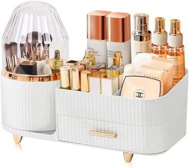 Makeup Organizer for Vanity, Rotating Cosmetics Organizer Countertop with Brush Holder, Skincare Organizer Storage Box with Drawer for Perfume, Beauty, Lipstick, Facial Mask, Bathroom, Bedroom