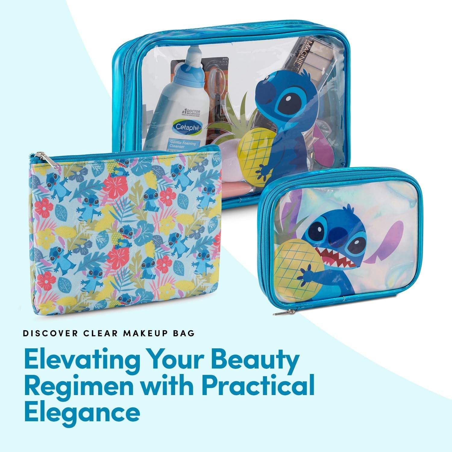 Lilo and Stitch Cosmetic Case Set - Girls, Boys, Teens, Adults - Officially Licensed Lilo and Stitch Travel Cosmetic Case 3 Piece Set (Blue)