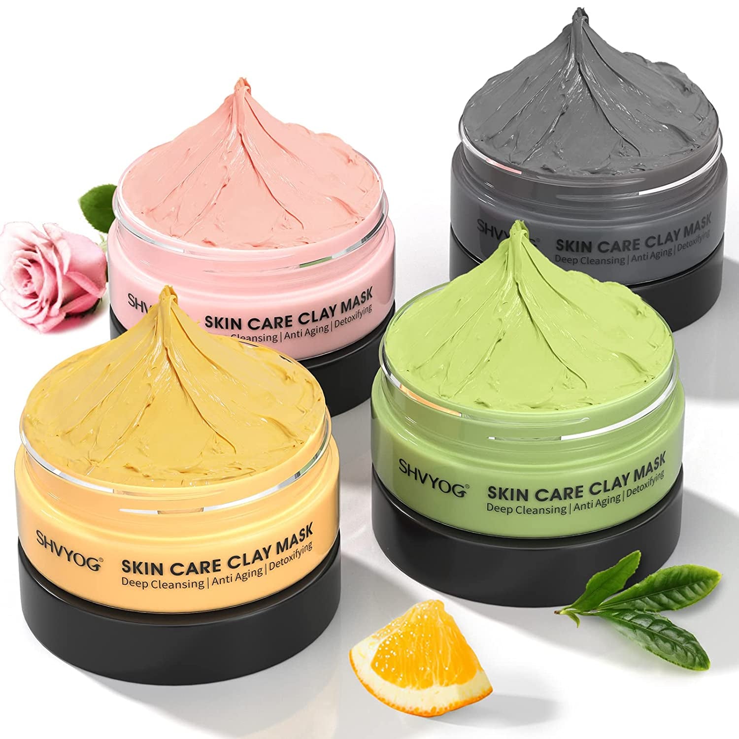 4 Pcs Clay Facial Mask Set - Turmeric, Vitamin C, Green Tea, Dead Sea Mud, and Rose Clay for Deep Cleansing, Moisturizing, and Refining Pores - 240G