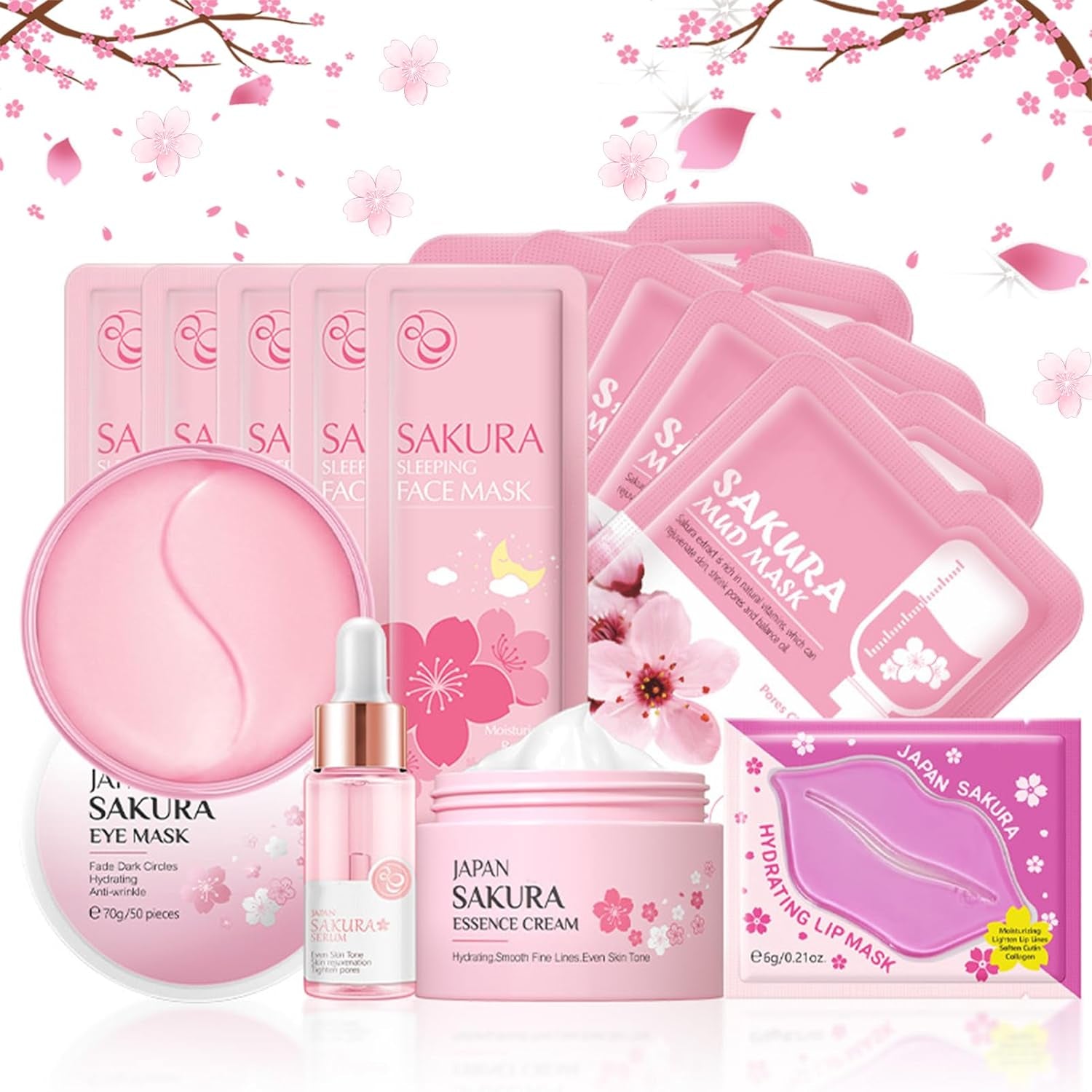 Skin Care Set,Cherry Blossom Skin Care Sets & Kits, Skin Care Kit for Women & Girls,Skincare Gift Set with Serum,Face Cream,Sleep Mask,Eye Mask,Mud Mask,Lip Mask Japanese Skincare Products