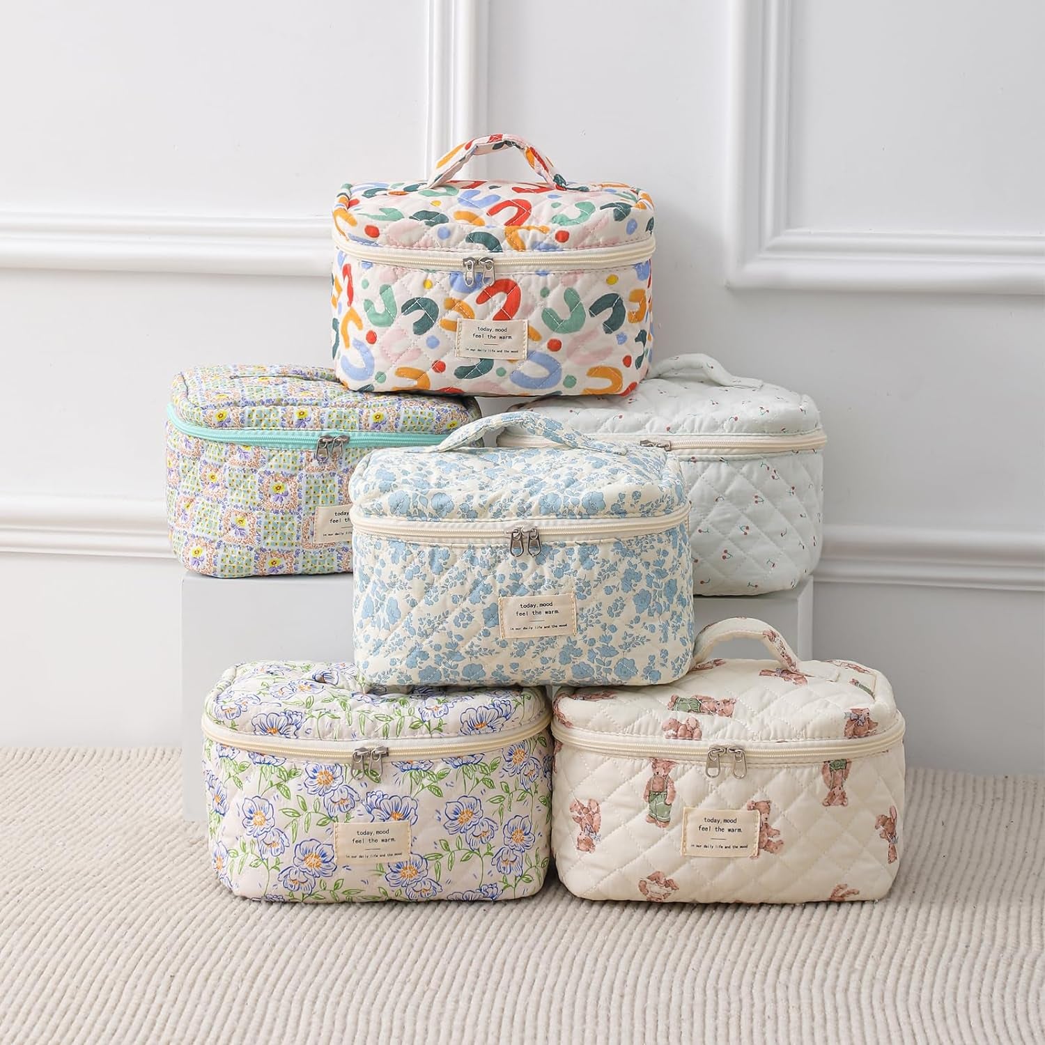 Large Travel Quilted Makeup Bag for Women, Floral Cotton Cosmetic Bag, Coquette Aesthetic Floral Toiletry Organizer Bag (White-Cherry)