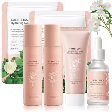 Facial Skin Care Sets, Camellia Skin Care Set, Hydrating Facial Kit for Women,Skin Care Routine Kit:Toner, Serum, Lotion, Cleanser, Mask, Beauty Products Skincare Kit for Teen Girls Moisturize