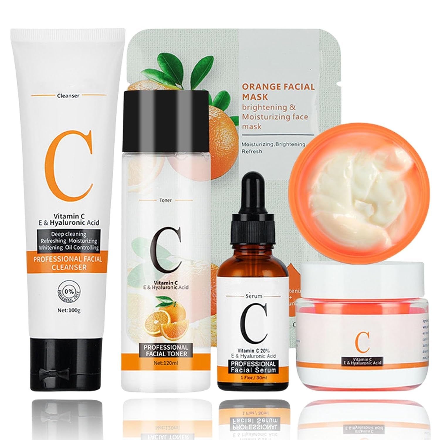 Vitamin C Complete Facial Care Kit, 5-In-1 Skincare Gift Set with Cleanser, Face Serum, Face Cream, Toner, Mask, Anti-Aging, Boosting Collagen & Hydrating for Women
