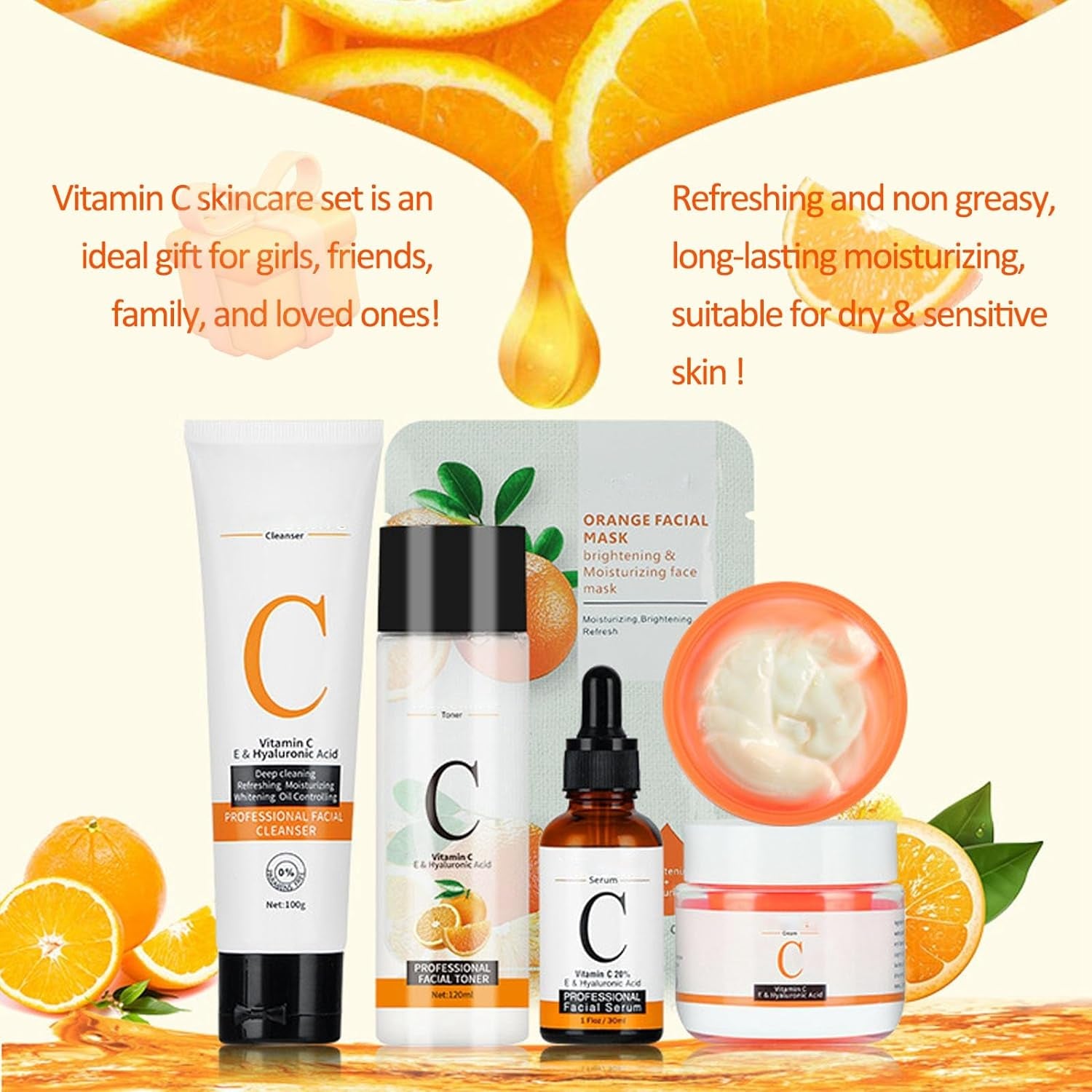 Vitamin C Complete Facial Care Kit, 5-In-1 Skincare Gift Set with Cleanser, Face Serum, Face Cream, Toner, Mask, Anti-Aging, Boosting Collagen & Hydrating for Women