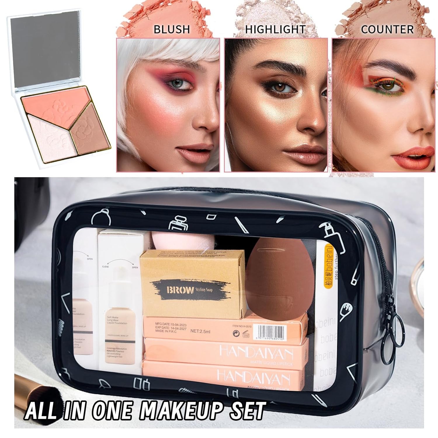 All in One Makeup Set Kit for Women Full Kit, Makeup Gift for Women Teen Girl, Naked Eyeshadow Foundation Face Primer Brush 3 in 1 Palette Lip Gloss, Eyebrow Soap Mascara Eyeliner Cosmetic Bag