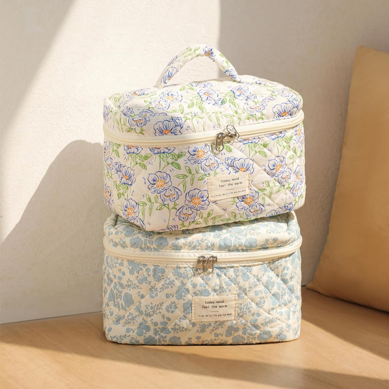 Large Travel Quilted Makeup Bag for Women, Floral Cotton Cosmetic Bag, Coquette Aesthetic Floral Toiletry Organizer Bag (White-Cherry)