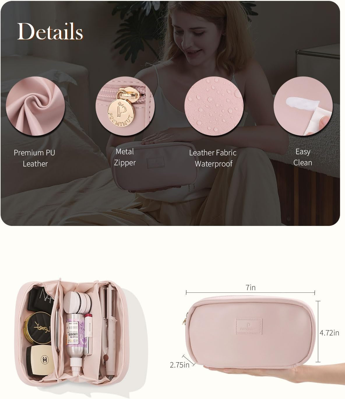 Makeup Bag,Pu Leather Travel Cosmetic Bag,Open Flat Makeup Pouch for Women Purse for Travel Accessories(Pink)