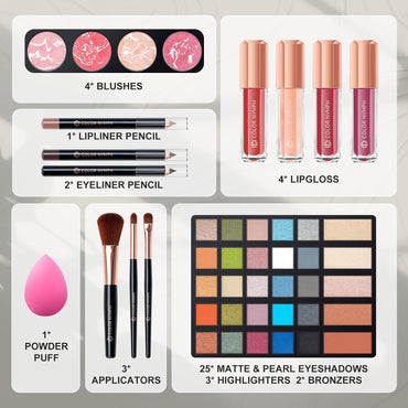 Makeup Kit for Women,All in One Makeup Gift Set for Girls in Cosmetic Train Case (Gold) with Mirror,Full Starter Cosmetic Kit Includes Eyeshadow Palette,Lipgloss,Blushes