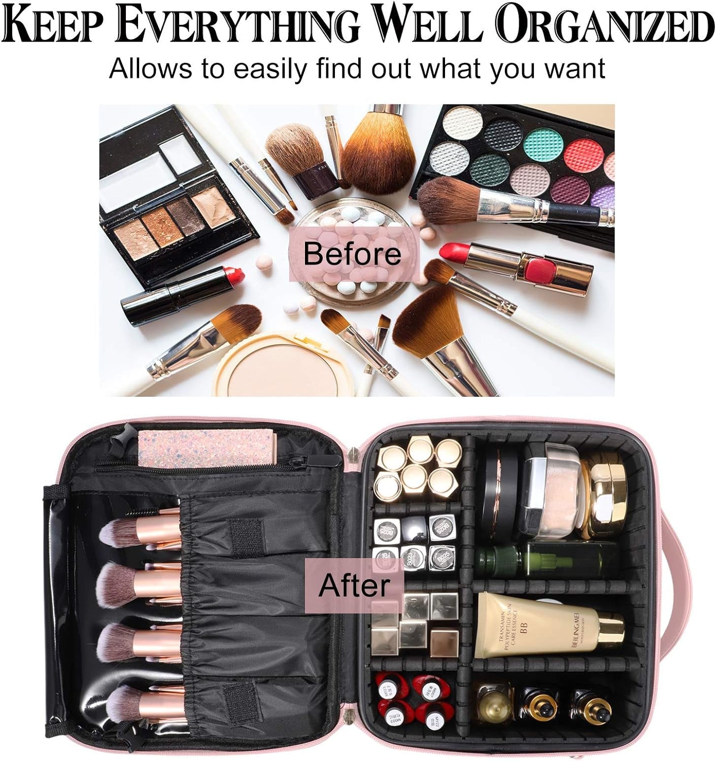 Makeup Case Travel Makeup Bag Organizer 10.2 Inches Travel Makeup Train Case Cosmetic Brush Portable Artist Storage Bag with Adjustable Dividers and Shoulder Strap for Makeup Accessories