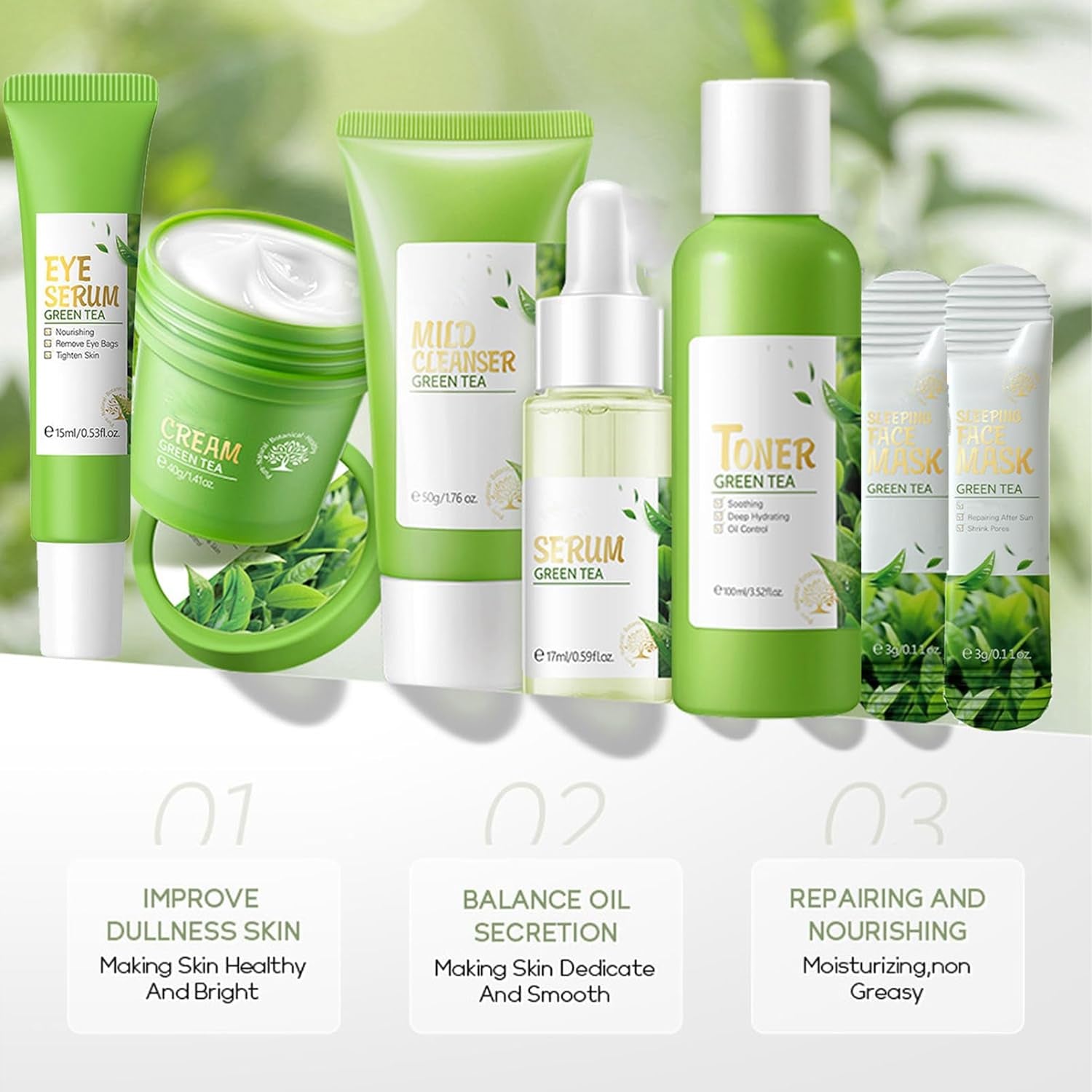 Skin Care Products Set, Green Tea Skin Care Sets, Women Gift Sets,Skin Care Routine Kit with Toner, Serum, Face Cream, Eye Cream Cleanser, Sleep Mask,Korean Beauty Products (Setd)