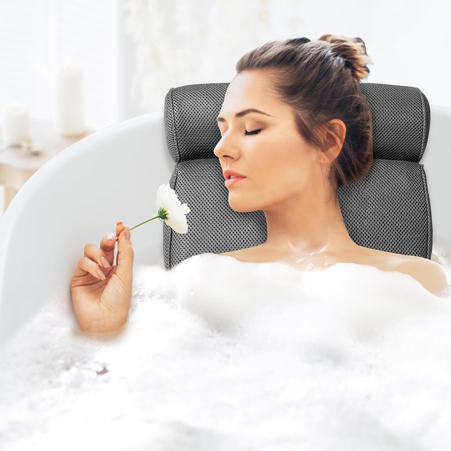 Bath Pillow Bathtub Pillow with 6 Non-Slip Suction Cups,14.6X12.6 Inch, Extra Thick and Soft Air Mesh Pillow for Bath - Fits All Bathtub, Grey