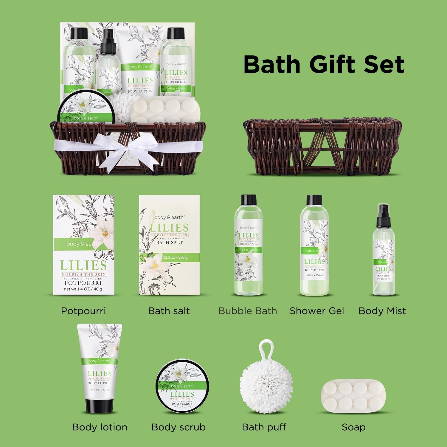 Bath and Body Gift Basket  10 Piece Set Lily Home Spa Set for Women