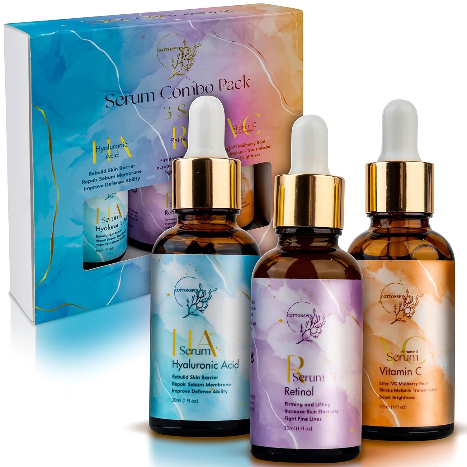 Anti-Aging Facial Serum Set. Vitamin C Serum, Retinol Serum & Hyaluronic Acid Serum for Brightening, Firming & Hydrating for Face. Anti-Wrinkle and Dark Circle Remover. 3X1 Fl Oz
