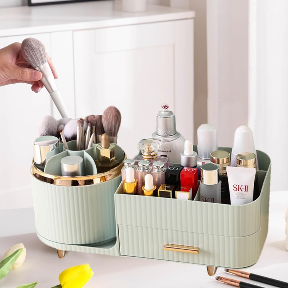 Makeup Organizer Countertop with Drawers 360 Rotating Makeup Brush Holder Large Capacity Skincare Organizer for Vanity Desk, Green