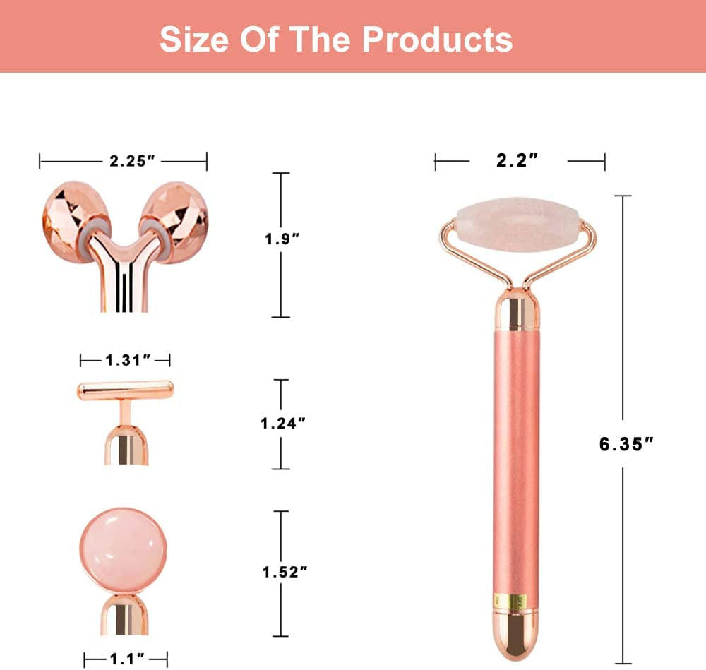 4 in 1 Rose Quartz Face Roller Jade Roller T Shape Beauty Bar 24K Golden Pulse Facial Massager 3D Roller Beauty Bar Facial Massager (Rose Gold)