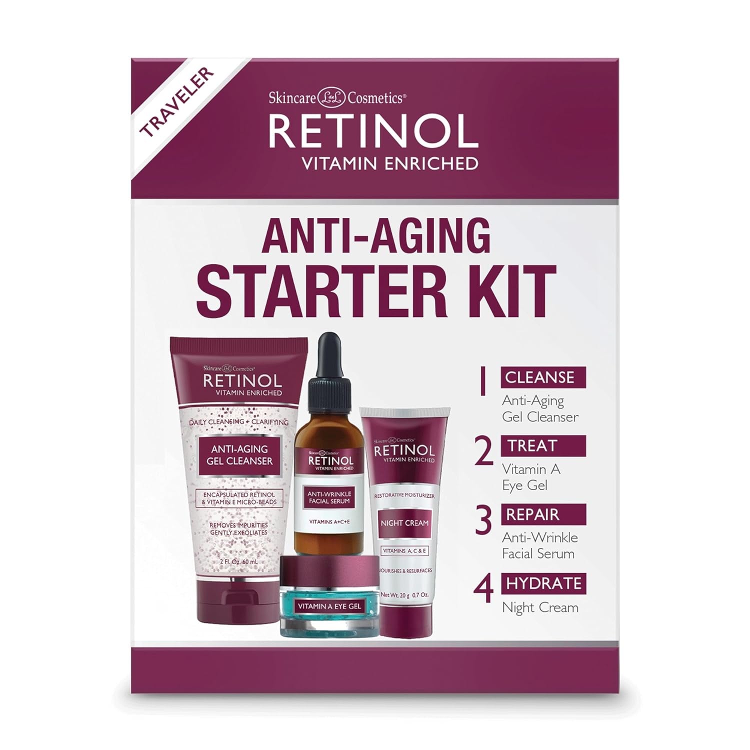 Anti-Aging Starter Kit – the Original  for a Younger Look – [4] Conveniently Sized Products Perfect for Travel or First Time Try – Cleanse, Treat, Repair & Hydrate On-The-Go