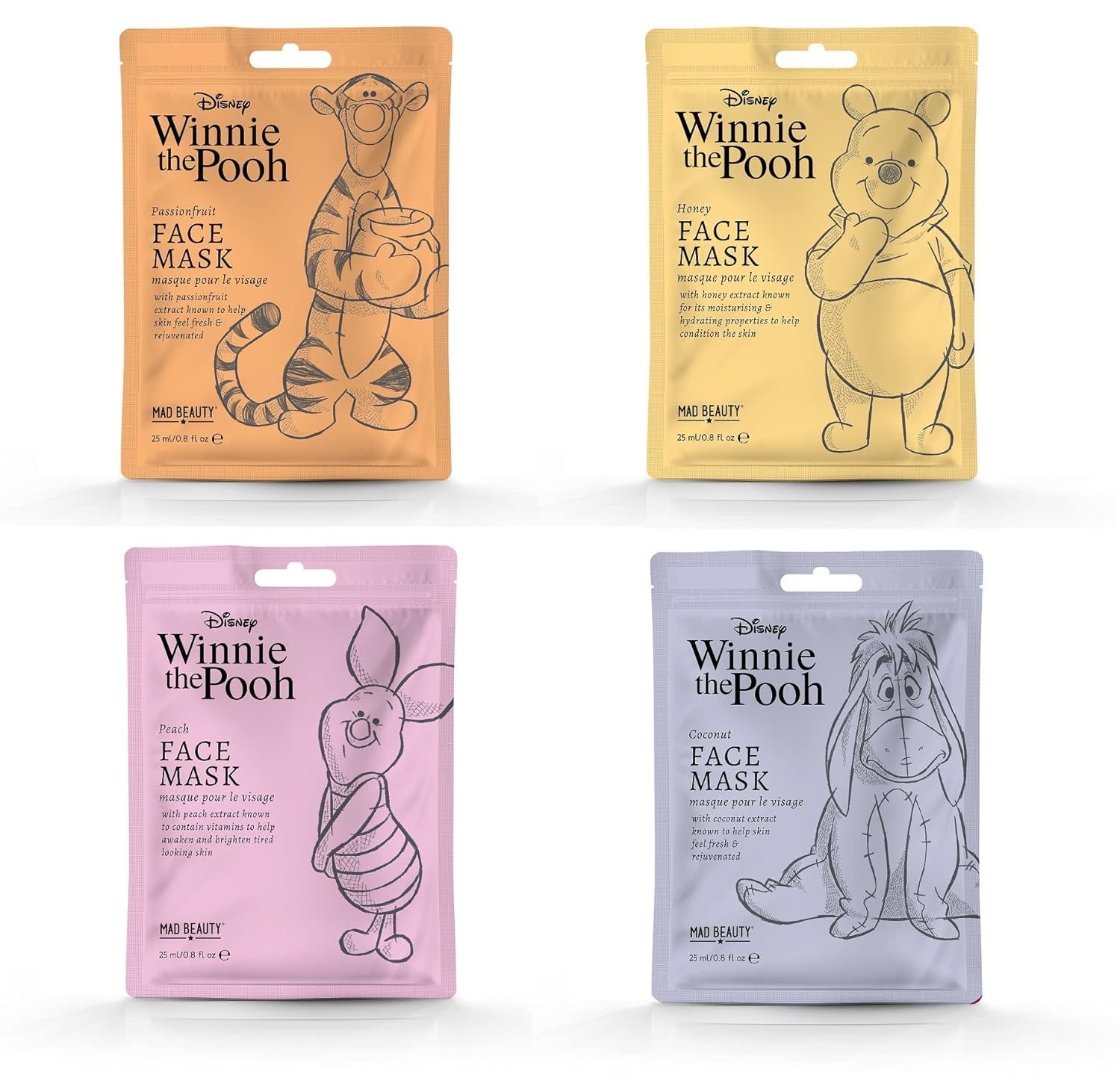 Disney Winnie the Pooh Sheet Face Masks Collection, 4-Piece Set (4 X 0.8 Fl. Oz.), Coconut, Peach, Honey, & Passionfruit with Your Favorite Characters, Hydrating & Soothing