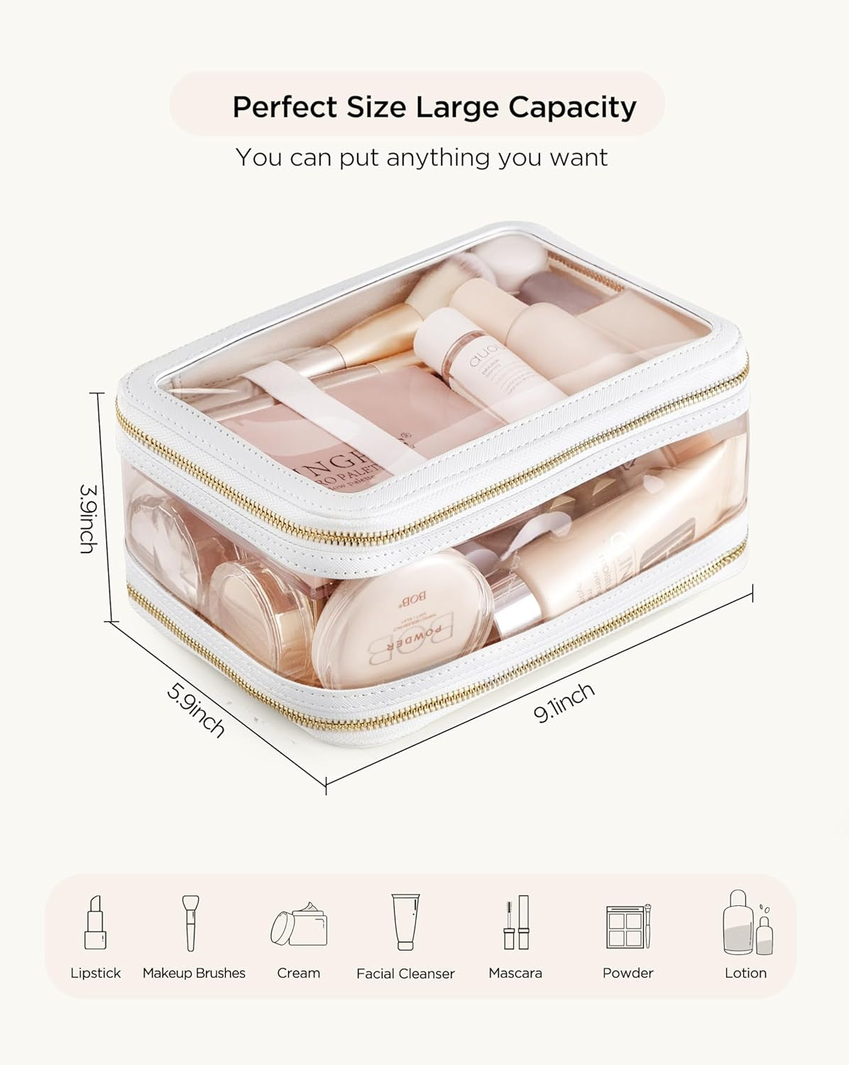 Clear Makeup Bag Toiletry Bag Double Layer Travel Large Clear Cosmetic Bag with Zipper, Big Make up Bag Organizer Women Traveling TSA Approved Transparent Bag Car for Essentials