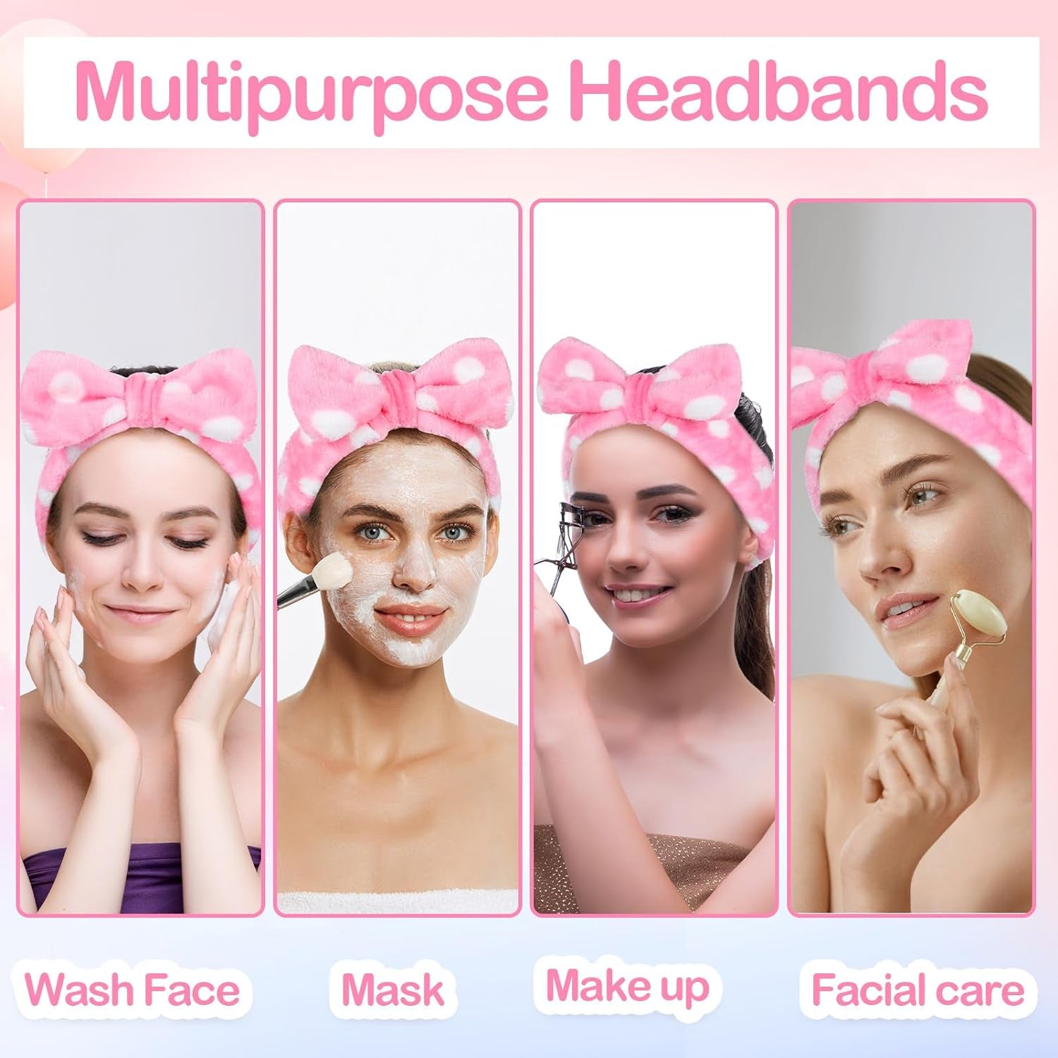 25 Pcs Pink Spa Headband Bulk Bow Hair Band for Washing Face Soft Coral Fleece Skincare Headbands Elastic Bowknot Hair Band Hairlace Shower Head Wraps Gifts for Women Girls