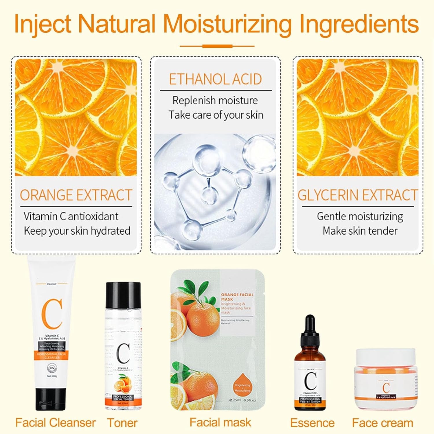 Vitamin C Complete Facial Care Kit, 5-In-1 Skincare Gift Set with Cleanser, Face Serum, Face Cream, Toner, Mask, Anti-Aging, Boosting Collagen & Hydrating for Women