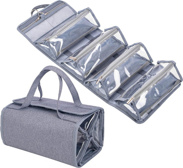Water Resistant Polyester 4 in 1 Hanging Roll up Makeup Bag Toiletry Bag Travel Cosmetic Storage Case Hair Beauty Tools First Aid Kits Organizer Bag with 4 Removable PVC Zipper Pouches (Grey)