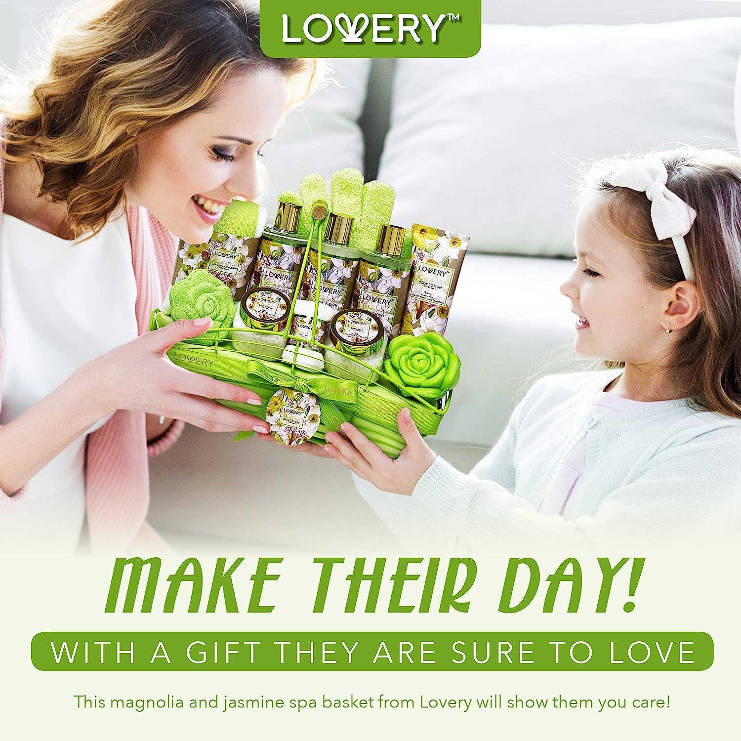 Home Spa Gift Baskets for Women, Bath and Body Gift Basket, Magnolia & Jasmine Home Spa Set, Fragrant Lotions, Bath Bomb, Towel, Shower Gloves, Green Wired Bread Basket & More, 13Pcs