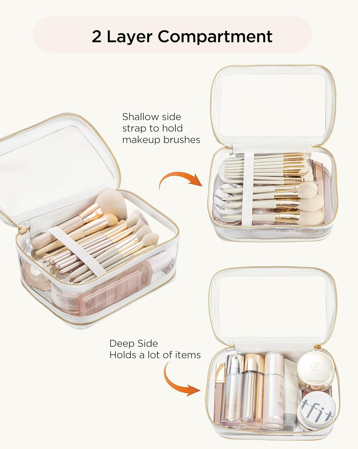 Clear Makeup Bag Toiletry Bag Double Layer Travel Large Clear Cosmetic Bag with Zipper, Big Make up Bag Organizer Women Traveling TSA Approved Transparent Bag Car for Essentials