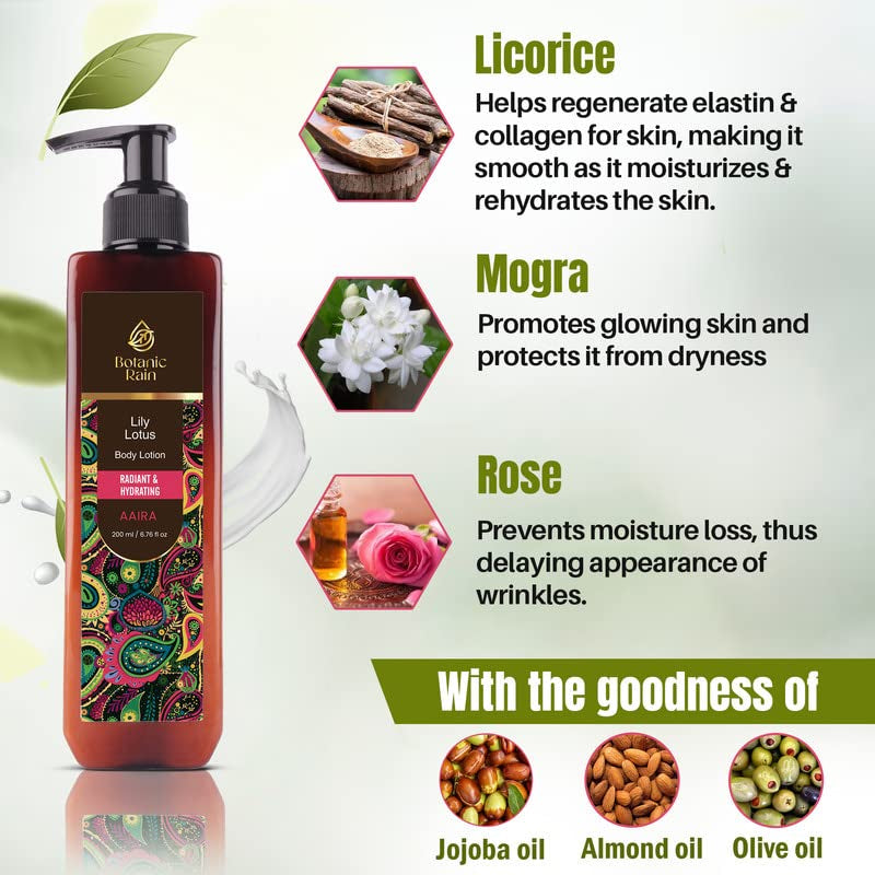 Organic Body Lotion with Lily & Lotus - Body Lotion for Women, Body Lotion for Dry Skin, Natural, Vegan and Ayurveda Products - 6.76 Fl Oz