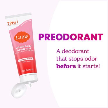 Whole Body Deodorant - Invisible Cream Tube - 72 Hour Odor Control - Aluminum Free, Baking Soda Free, Skin Safe - 3.0 Ounce (Peony Rose)