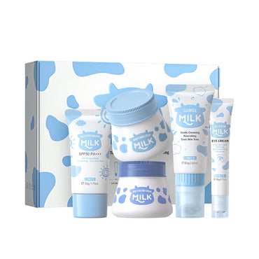 Skin Care Set Milk Beauty Gift Sets Skin Care Kit with Cleanser, Day Cream, Night Cream, Eye Cream, Sunscreen Lotion Travel Kit for Women Wife Mom Deep Hydrating Smoothing Tsa-Friendly Sizes 5Pcs