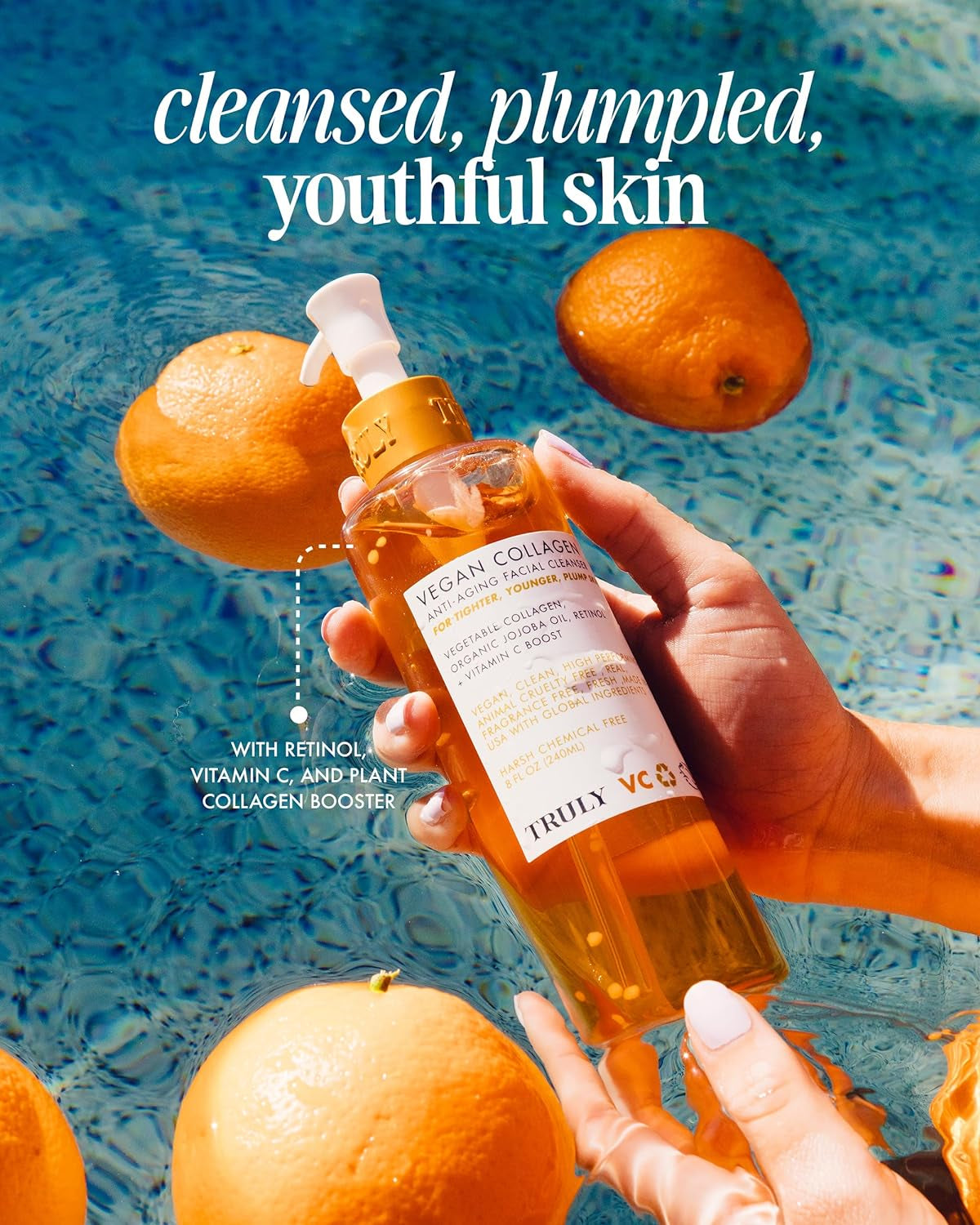 Beauty Vegan Collagen Anti-Aging Facial Cleanser with Retinol and Vitamin C - Removes Impurities and Refreshes the Skin - 8 Fl Oz.