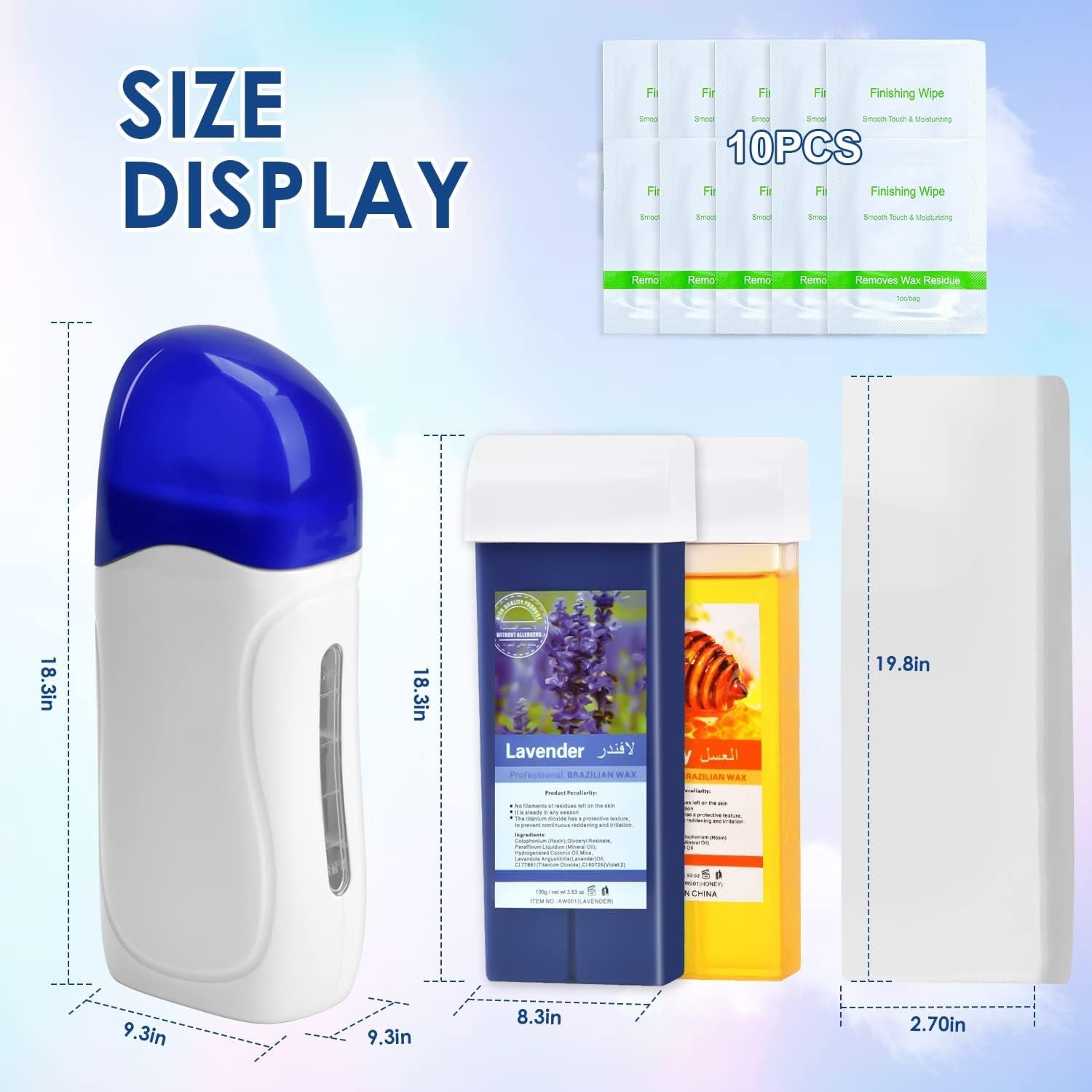 Roll on Wax, Wax Roller Kit for Hair Removal, Roller Waxing Kit Include Portable Wax Heater Machine for Women, Honey and Lavender Wax Cartridge, 10 Wipes, 100 Wax Strips (Blue)