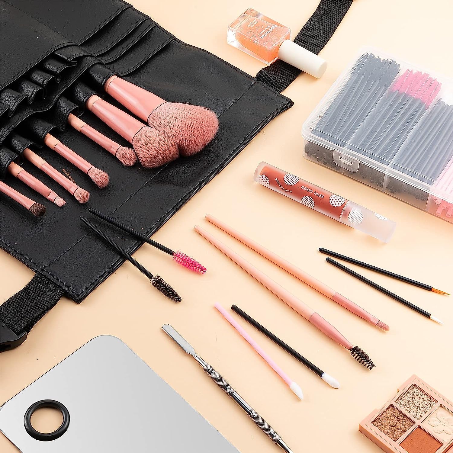 268 Pieces Disposable Makeup Tools Kit, Includes Eyeliner Brushes Makeup Short Waterproof Cape Stainless Steel Palette Mascara Wands Lipstick Applicators Plastic Organizer Box Bag Armband Cleaner