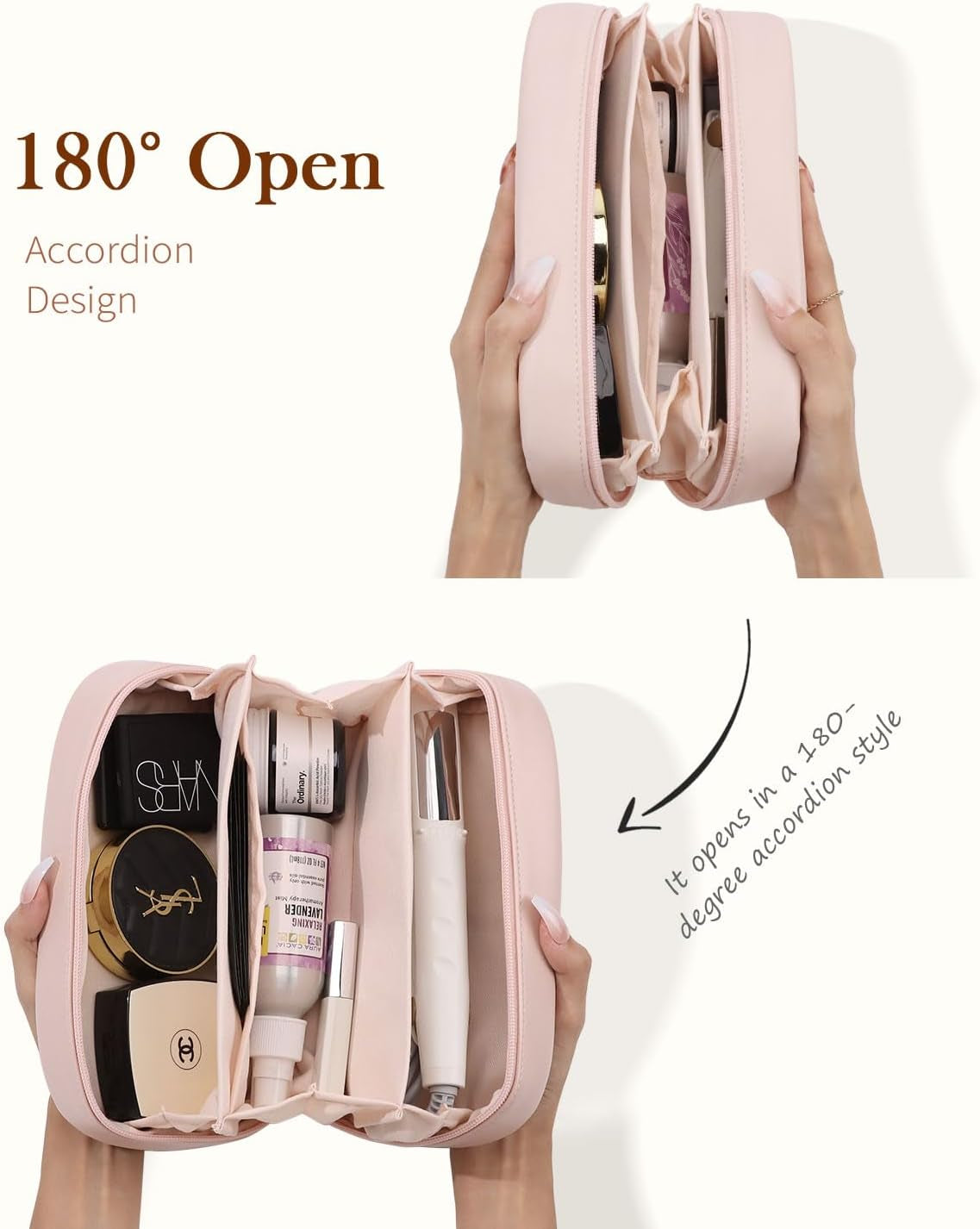 Makeup Bag,Pu Leather Travel Cosmetic Bag,Open Flat Makeup Pouch for Women Purse for Travel Accessories(Pink)