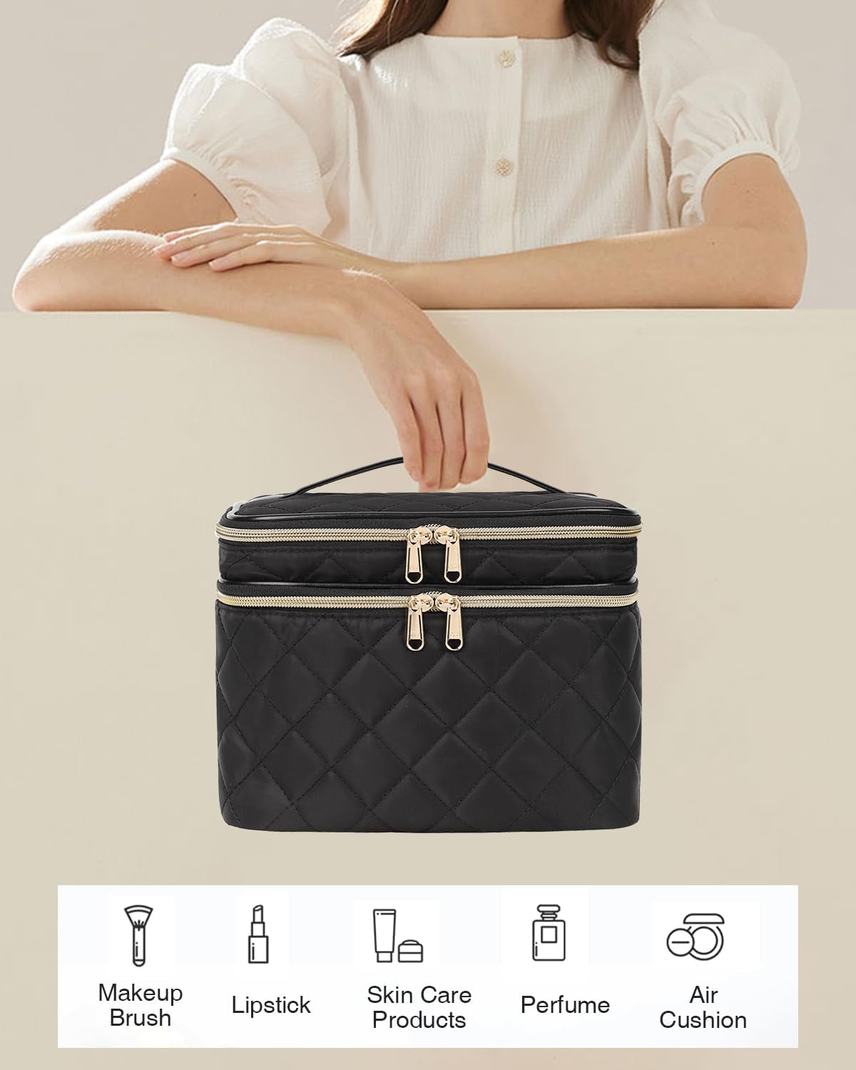 Makeup Bag, Double Layer Makeup Bag Organizer, Travel Makeup Bag Cosmetic Bag for Women, Makeup Brush Holder Organizer Storage, Portable Makeup Carrying Case, Black