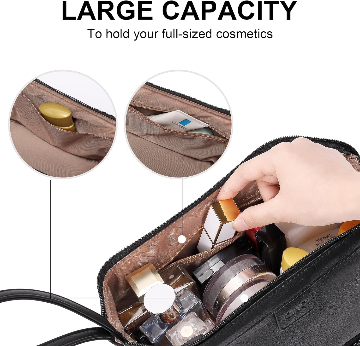 Travel Makeup Bag, Double Layer Cosmetic Bag for Women, Large Capacity Makeup Organizer, Portable PU Leather Cosmetic Travel Bags,Water-Resistant Traveling Toiletry Bag for Women and Girls