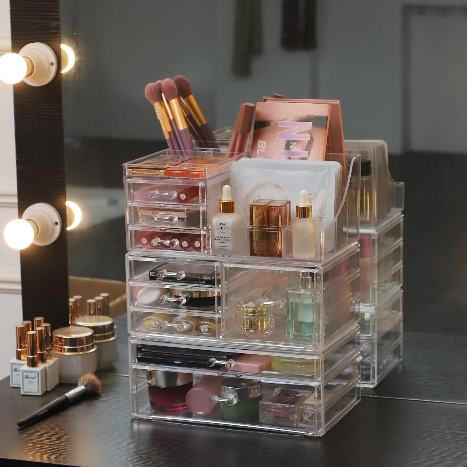 Clear Makeup Organizer and Storage Stackable Skin Care Cosmetic Display Case with 9 Drawers Make up Stands for Jewelry Hair Accessories Beauty Skincare Product Organizing