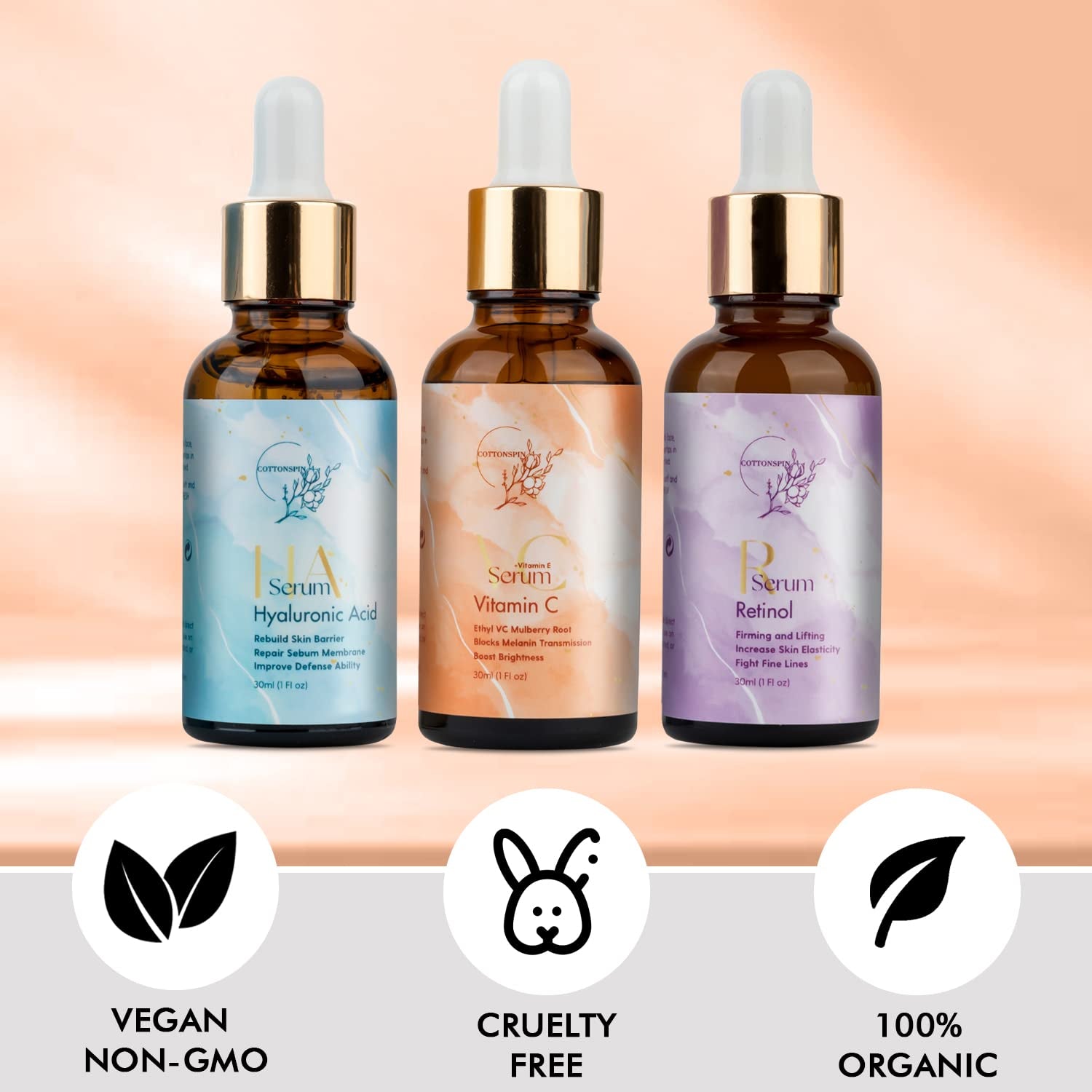 Anti-Aging Facial Serum Set. Vitamin C Serum, Retinol Serum & Hyaluronic Acid Serum for Brightening, Firming & Hydrating for Face. Anti-Wrinkle and Dark Circle Remover. 3X1 Fl Oz