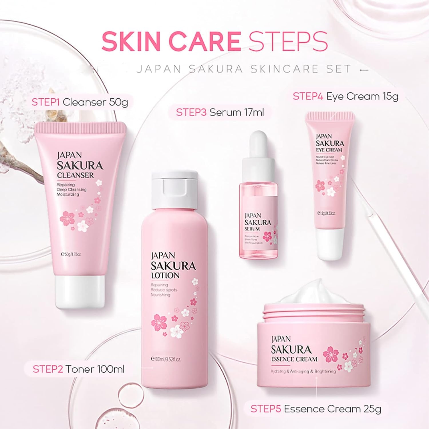 Skin Care Set - Women Gift Sets - Sakura Skin Care Sets & Kits - Gift Set with Cleanser,Toner,Serum,Eye Cream,Essence Serum - Beauty Products for Women (Setc)