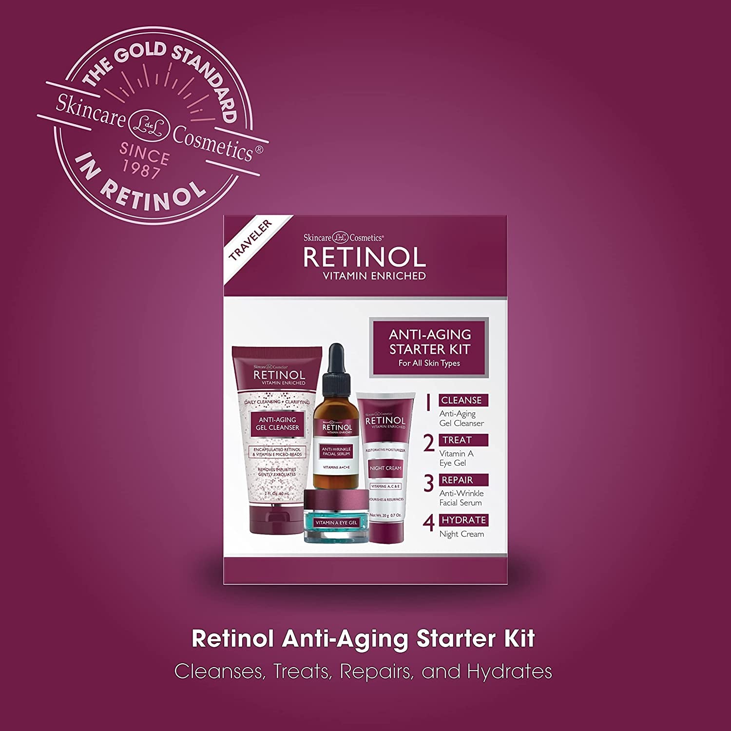 Anti-Aging Starter Kit – the Original  for a Younger Look – [4] Conveniently Sized Products Perfect for Travel or First Time Try – Cleanse, Treat, Repair & Hydrate On-The-Go