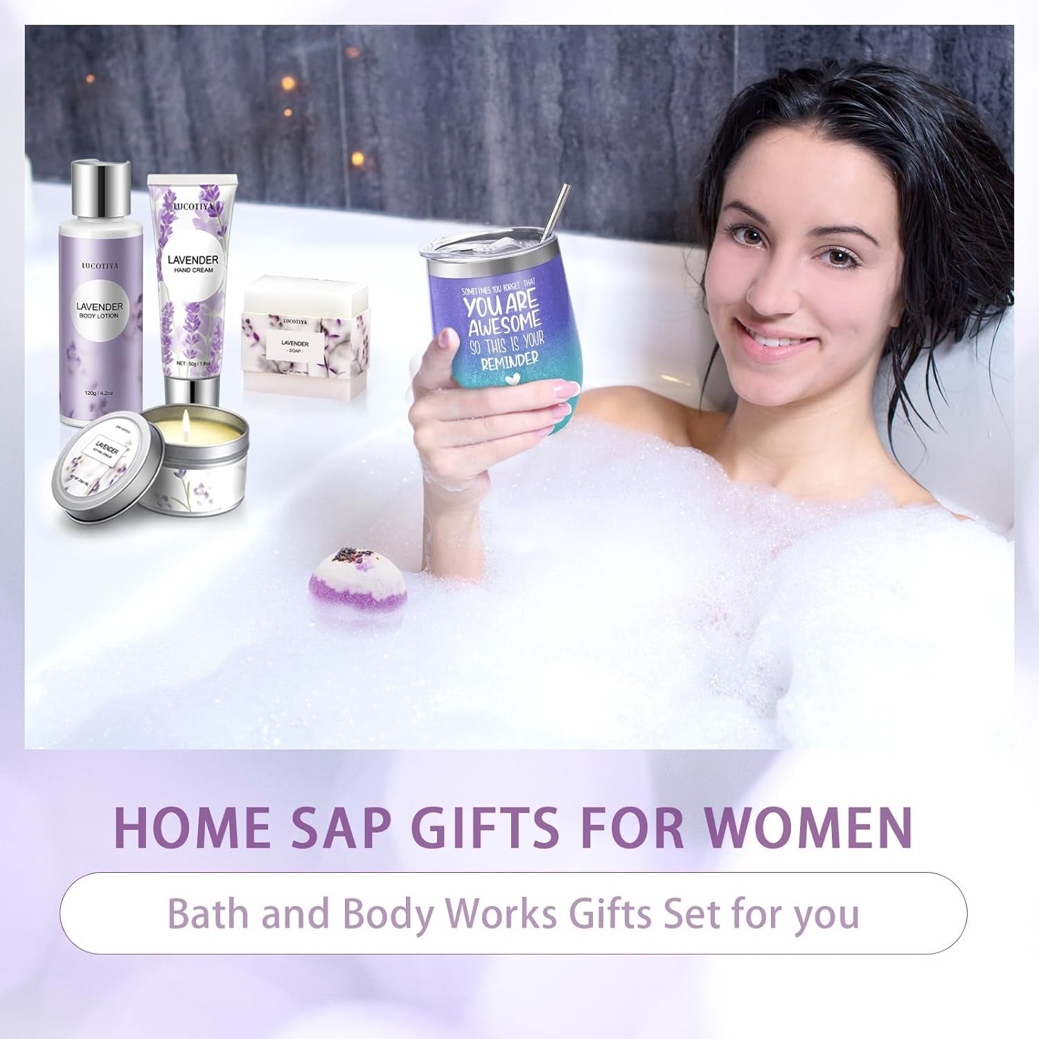Gifts for Women, Bath and Body Works, Birthday Gifts for Women Spa Gifts Baskets for Women Bubble Bath for Women Lavender Gifts for Women Mom Her Female Sister Wife Wine Tumbler Purple Womens Gifts