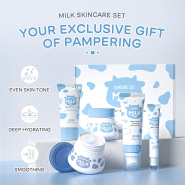 Skin Care Set Milk Beauty Gift Sets Skin Care Kit with Cleanser, Day Cream, Night Cream, Eye Cream, Sunscreen Lotion Travel Kit for Women Wife Mom Deep Hydrating Smoothing Tsa-Friendly Sizes 5Pcs