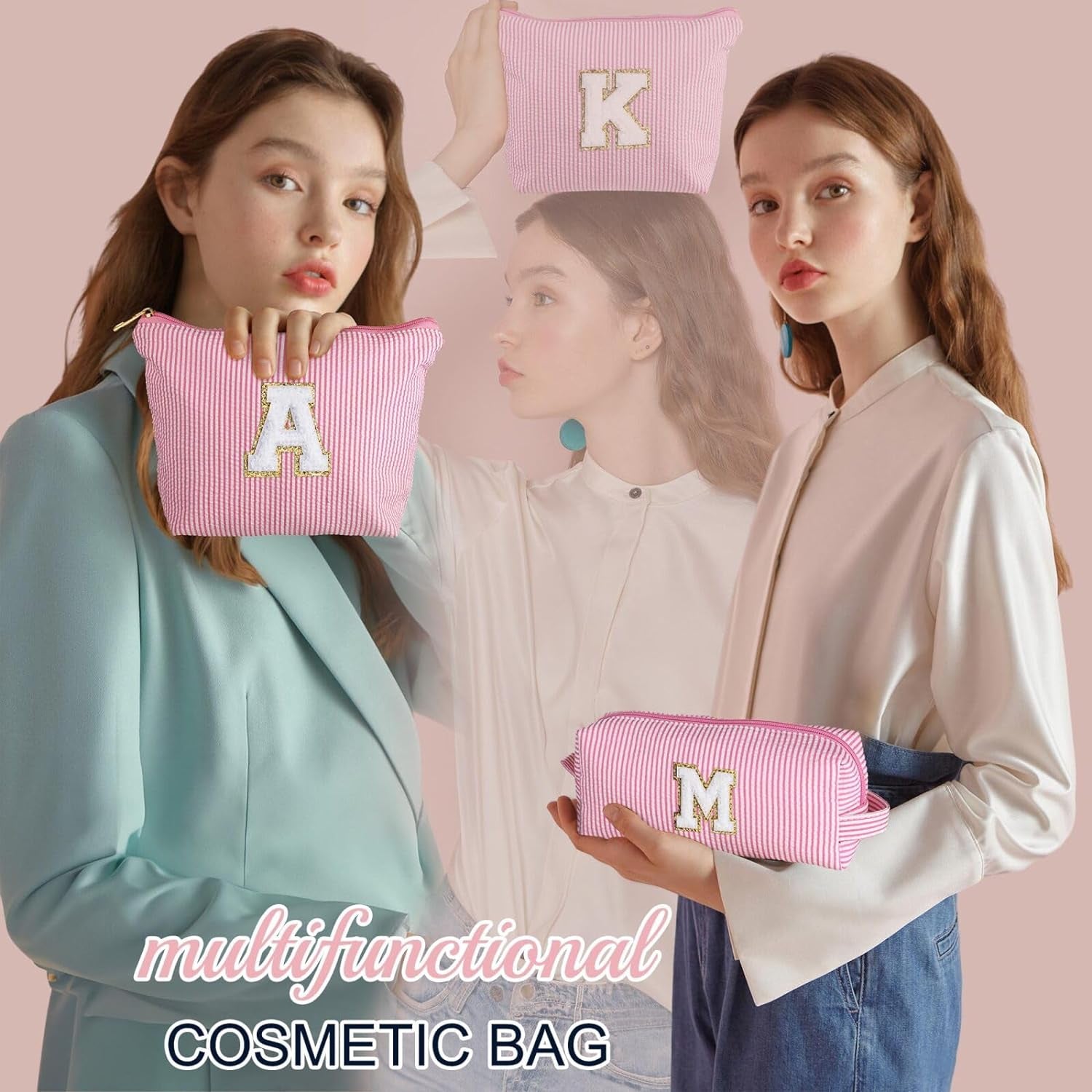 Cute Pink Initial Make up Bag Travelling, Personalized Makeup Bag with Zipper Cosmetic Makeup Pouch Travel Accessories Birthday Gift Friends Female Mom Teacher Sweet 16 Gifts Daughter Gifts W